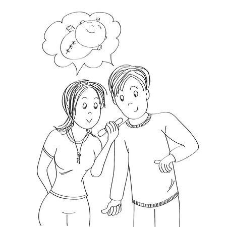 Happy young couple looking at the positive pregnancy test, imagining their newborn baby - original hand drawn illustrationのイラスト素材