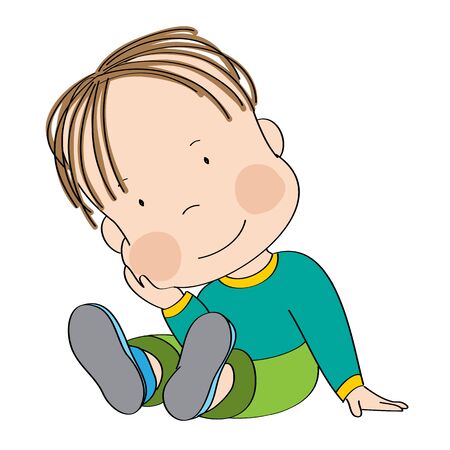 Cute little boy sitting on the floor, smiling happily - original hand drawn illustrationのイラスト素材