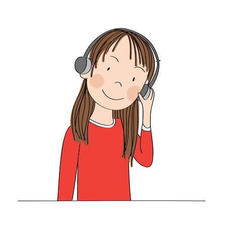 Happy young teenage girl listening to music with headphones on her ears, smiling happily - original hand drawn illustrationのイラスト素材