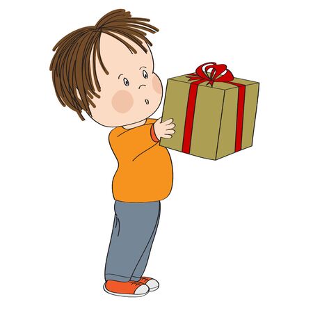Cute little boy standing and holding big wrapped gift box decorated with red ribbon bow, looking surprised and excited, looking forward to open the present - original hand drawn illustration.のイラスト素材
