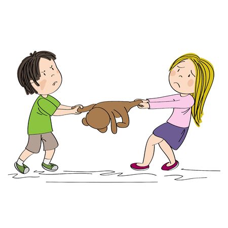 Two siblings (brother and sister) or friends fighting, pulling teddy bear toy, boy is angry and girl is tearful - original hand drawn illustrationのイラスト素材