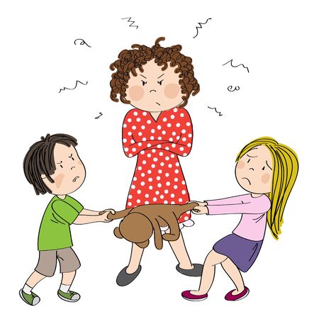 Two siblings (brother and sister) fighting, pulling teddy bear toy, boy is angry and girl is tearful. Their mother is standing behind them with her hands crossed, looking angry - original hand drawn illustrationのイラスト素材