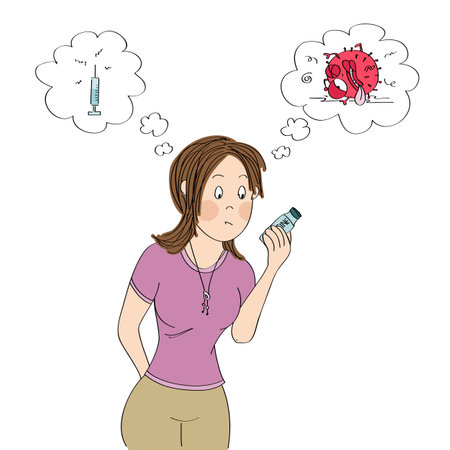 Hesitant young woman holding COVID 19 vaccine, deciding whether to get shot or not. She is dreaming about the needle and dead coronavirus - original hand drawn illustration.のイラスト素材