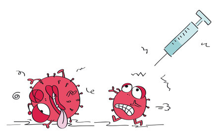 Scared corona viruses, one is terrified and running away, escaping from COVID 19 syringe vaccine, the second one is already injured, almost dead. Original funny cartoon hand drawn illustration.のイラスト素材
