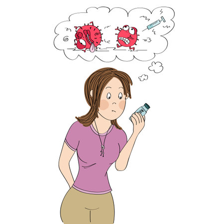 Hesitant young woman holding COVID 19 vaccine, deciding whether to get shot or not. She is dreaming about dead coronavirus after the immunization - original hand drawn illustration.のイラスト素材