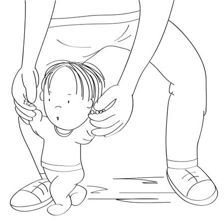 Little baby boy learning to walk. Young father helping his son, holding the toddler, making first steps - original hand drawn cartoon illustrationのイラスト素材