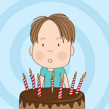 Cute surprised little boy, bewildered facial expression, celebrating birthday, b-day chocolate cake with seven candles in front of him - original hand drawn cartoon illustrationのイラスト素材