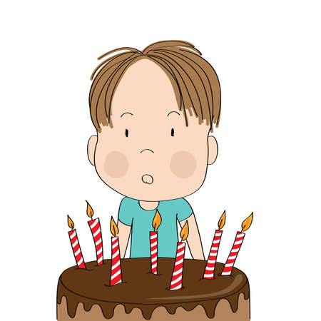 Cute surprised little boy, bewildered facial expression, celebrating birthday, b-day chocolate cake with seven candles in front of him - original hand drawn cartoon illustrationのイラスト素材
