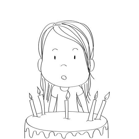Cute surprised little girl, bewildered facial expression, celebrating birthday, b-day chocolate cake with seven candles in front of her - original hand drawn cartoon illustrationのイラスト素材