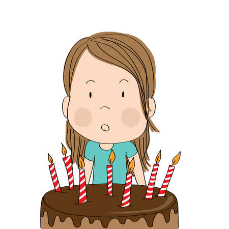 Cute surprised little girl, bewildered facial expression, celebrating birthday, b-day chocolate cake with seven candles in front of her - original hand drawn cartoon illustrationのイラスト素材
