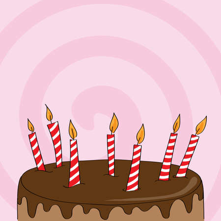 Birthday party invitation with chocolate cake, seven candles and copy space, place for your text - original hand drawn illustrationのイラスト素材