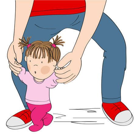 Little baby girl learning to walk. Young father helping his daughter, holding the toddler, making first steps - original hand drawn cartoon illustrationのイラスト素材