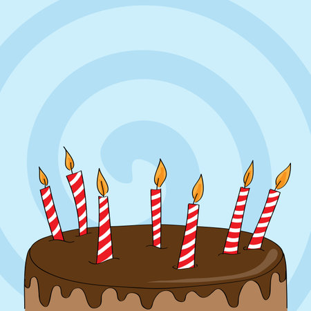 Birthday party invitation with chocolate cake, seven candles and copy space, place for your text - original hand drawn illustrationのイラスト素材