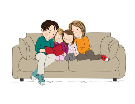 Happy family sitting on the sofa and reading together - original hand drawn illustrationのイラスト素材