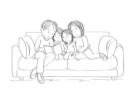 Happy family sitting on the sofa and reading together - original hand drawn illustrationのイラスト素材