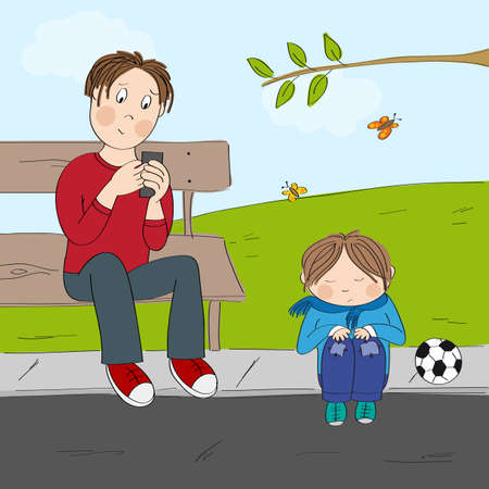Lonely little boy, unhappy and unnoticed, wants to play with his father who is looking to his smartphone. Original hand drawn illustration.のイラスト素材