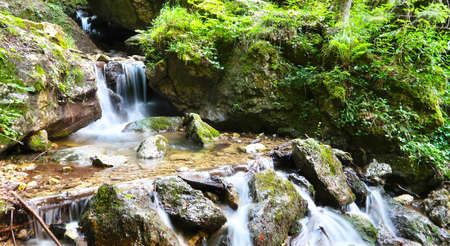 Mountain river with green mossy stones and small waterfall. Captured in Prosiecka Dolina, Slovak Natural Park in Slovakia. Long exposure.の写真素材