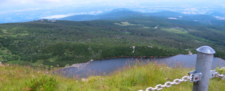 Glacial lake Wielki Staw in Poland, captured from Czech part of Krkonose (Giant Mountains)の写真素材