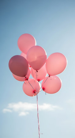 Bunch of pink balloons flying in the blue sky with white cloudsの素材