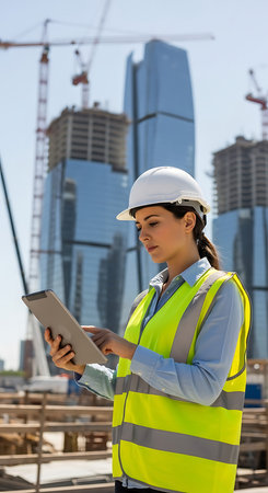 Portrait of female civil engineer using digital tablet while standing on construction siteの素材