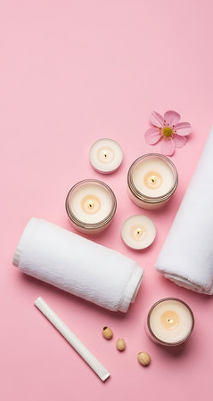 Spa and wellness setting with candles, towel and flower on pink backgroundの素材