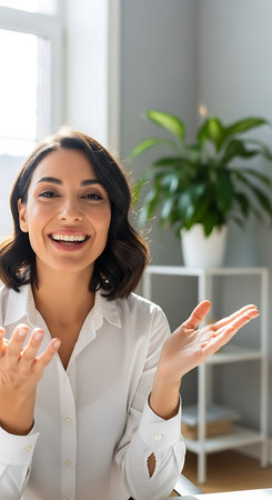 cheerful young businesswoman gesturing and smiling at camera in officeの素材