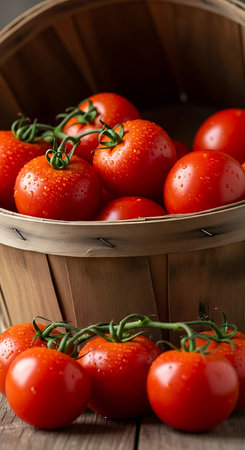 Cherry tomatoes in a wooden basket on a rustic wooden tableの素材