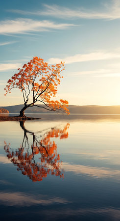 Autumn landscape with a lonely tree on the lake shore at sunsetの素材