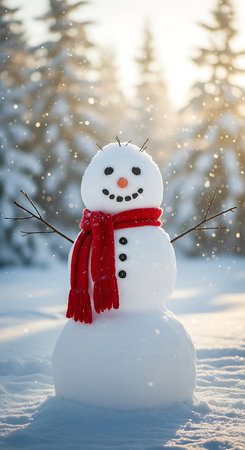 Snowman with red scarf in the winter forest. Christmas and New Year concept.の素材