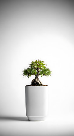Bonsai tree in a white pot on a white background.の素材