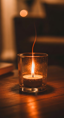 Candle in a glass on a wooden table in a dark roomの素材