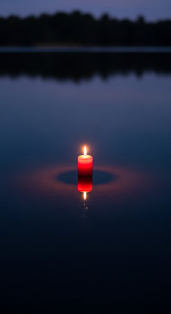 Candle on the lake at night. Shallow depth of field.の素材