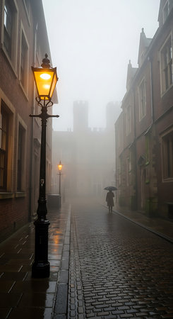 Street lamp in the fog in the old town of Bruges, Belgiumの素材