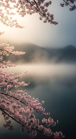 cherry blossom in the morning with fog on the lake.の素材