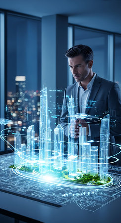 Businessman looking at hologram of cityscape against night cityscapeの素材