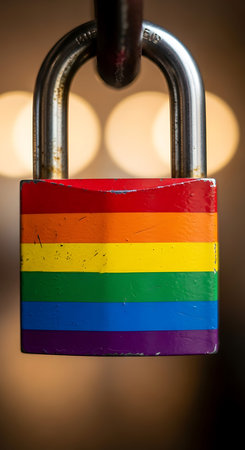 Rainbow flag on a padlock hanging on a metal chain.の素材