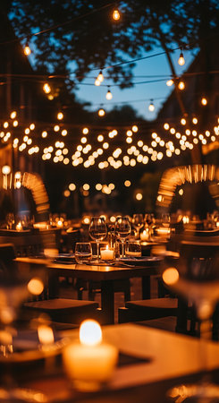 Restaurant table with candles and bokeh lights at nightの素材