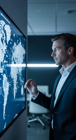 business, technology, people and stock market concept - close up of businessman with virtual screen in officeの素材