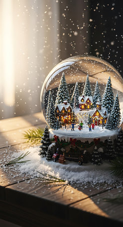 Snow globe with Christmas trees and houses in the snow on a wooden tableの素材