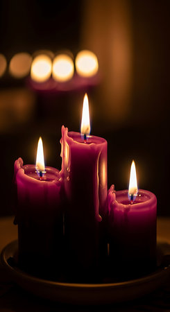Three burning candles on a dark background. Shallow depth of field.の素材