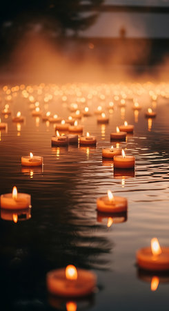 Candles on the water during the festival of light in Thailand.の素材