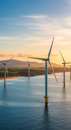Wind turbines for electric power production, Zaragoza province, Aragon, Spain.の素材