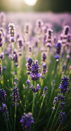 Beautiful lavender flowers blooming in the field at sunset.の素材