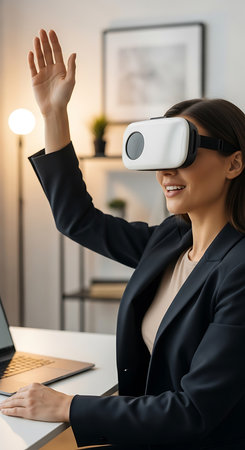 Smiling businesswoman using virtual reality headset at workplace in modern officeの素材