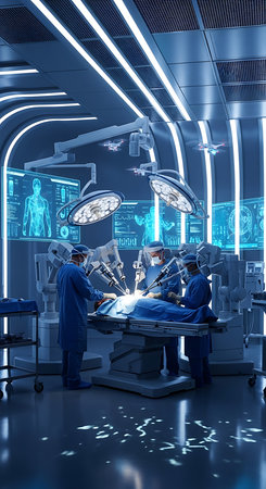 Group of surgeons in operating room with surgery equipment. 3D renderingの素材