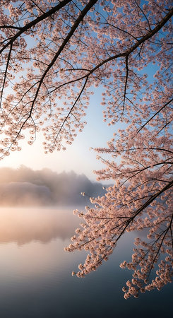 Cherry blossoms in full bloom in the morning, Japan.の素材