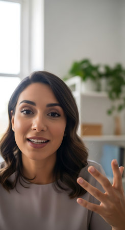 cheerful young woman gesturing while looking at camera at homeの素材