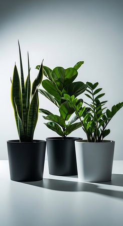 Plants in black pots on a white background. 3d renderingの素材