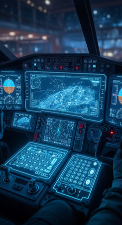 Pilot hands on control panel of airplane cockpit. 3D renderingの素材