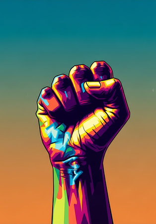 Fist raised up in the air on a colorful background. Vector illustration.の素材